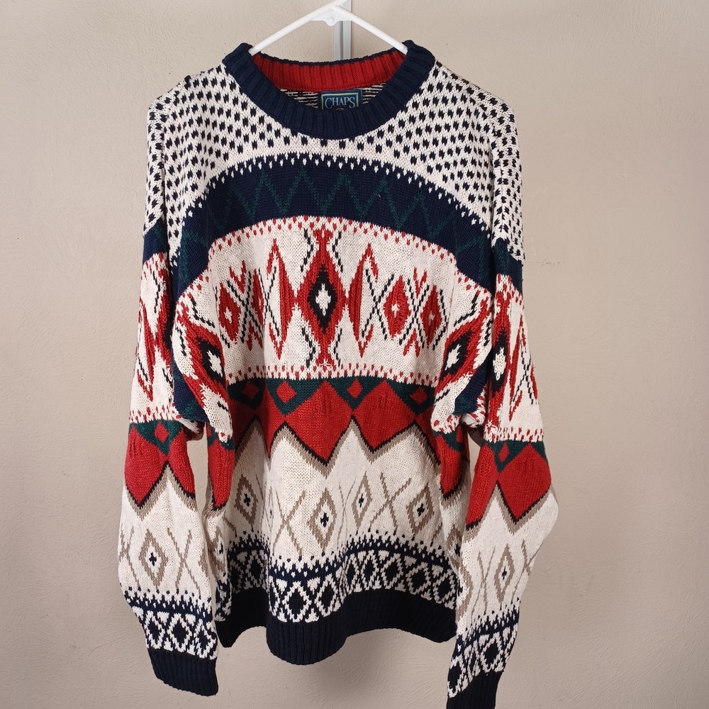 Chaps Ralph Lauren Vintage Grandpa Heavy Knit Sweater Retro Argyle‎ Holiday XL